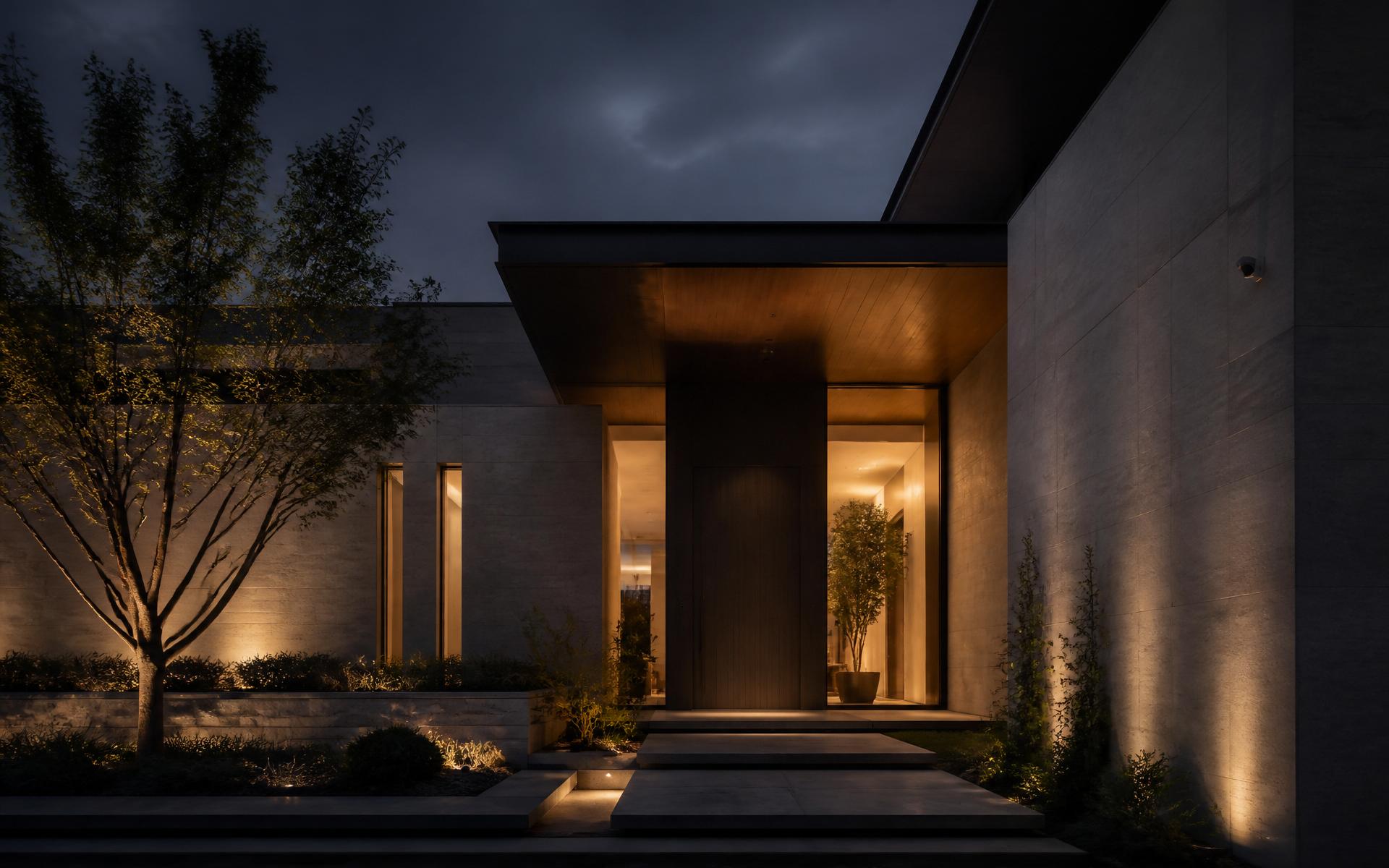 Discreet modern residence at dusk with warm interior lighting and integrated security